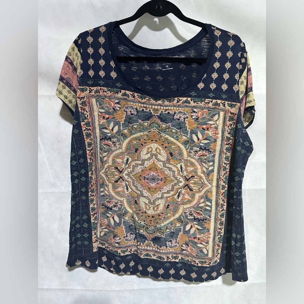 Lucky Brand Women 1X Plus Floral Tunic Multicolor Cap Sleeve Top Blouse Bohemian